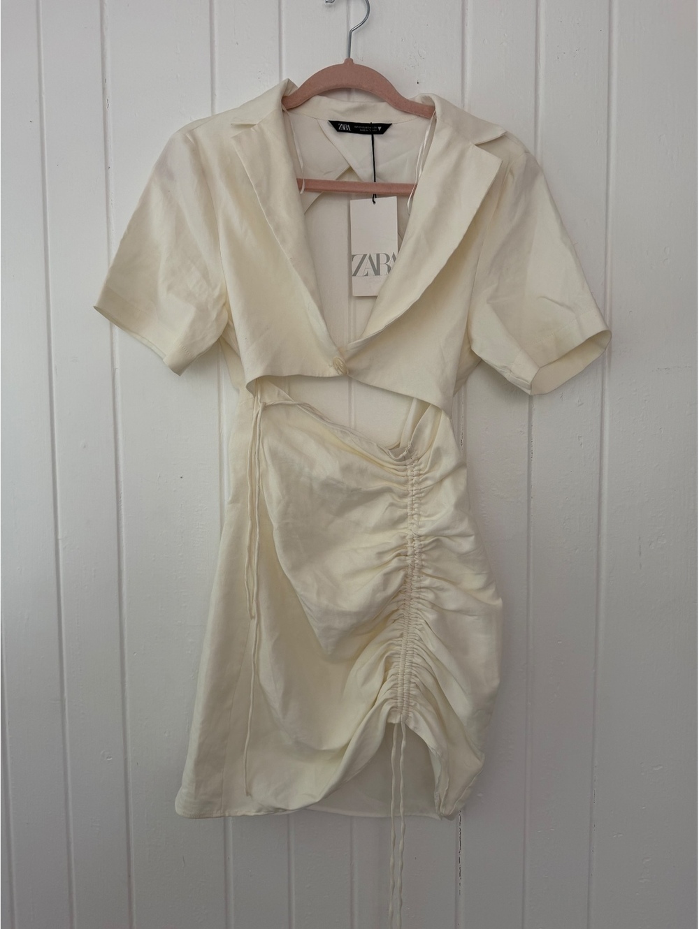 Zara Women's off white Ruched Mini Dress with Open Back, Size XS NWT